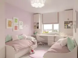 Uroczy pokój dla siostr z dwoma łóżkami, biurkiem i inspirującymi cytatami na ścianie.