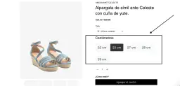 Alpargatas azules con cuña de yute. Se muestra cómo se mide el tacon de un zapato en centímetros, con opciones de 22, 23, 27, 28 y 29 cm.