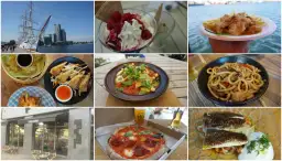 Gdynia: żaglowiec, desery, ryba z frytkami, pierożki, makaron, pizza i danie warzywne.