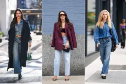 Trzy kobiety prezentują stylowe stylizacje z jeansami: w płaszczu i jeansowej kurtce, w marynarce i z topem, oraz w jeansowej koszuli.