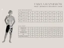 Chłopiec w kąpielówkach męskich Arena. Tabela rozmiarów z wymiarami ciała i porównaniem rozmiarów dla różnych krajów.