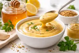 Cremosa salsa miel y mostaza servida en un cuenco blanco, con ingredientes frescos como miel, limones y perejil alrededor.