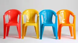 Cztery kolorowe plastikowe krzesła: czerwone, żółte, niebieskie i pomarańczowe.
