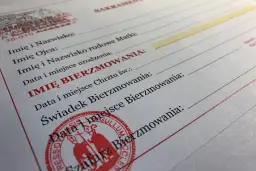 Dokument bierzmowania dla dorosłych zawiera pola na imię i nazwisko, dane rodziców, datę i miejsce urodzenia, imię bierzmowania, dane chrztu, świadka i datę bierzmowania.