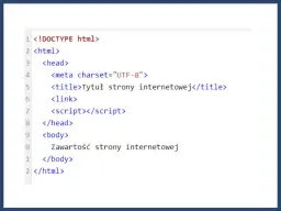 Kod źródłowy strony internetowej z podstawowymi znacznikami HTML, takimi jak `<html>`, `<head>`, `<body>` i `<title>`.