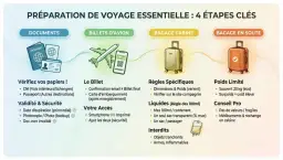 Illustration des 4 étapes de préparation de voyage : documents, billets d'avion, bagage cabine et bagage en soute.