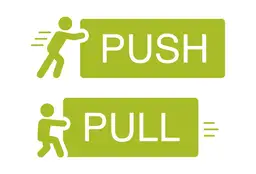 Dwie zielone tabliczki z napisami PUSH i PULL. Obok PUSH postać popycha, obok PULL ciągnie. Ilustracja strategii push i pull.