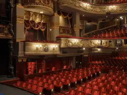 Luksusowe wnętrze teatru z czerwonymi fotelami i złotymi zdobieniami. Zastanawiasz się, ile trwa przedstawienie w teatrze?
