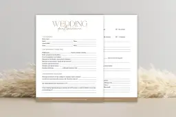 Formularz "Wedding Questionnaire" z polami do wypełnienia dotyczącymi ślubu, z ozdobnym tłem z trawy pampasowej.