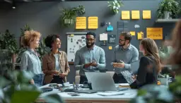 Une équipe discute avec enthousiasme dans un bureau moderne, planifiant comment reprendre entreprise familiale.