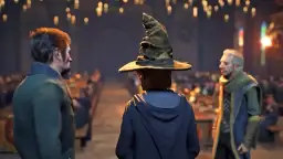 Trzej czarodzieje w Wielkiej Sali, jeden w Tiara Przydziału. Czekamy na polski dubbing Hogwarts Legacy!
