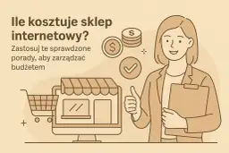 Ile kosztuje sklep internetowy? Grafika pokazuje koszyk, komputer z witryną sklepu, monety i kobietę z dokumentami, sugerując zarządzanie budżetem.