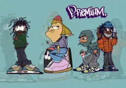 Vier stilisierte Cartoon-Figuren in urbaner Kleidung, darunter eine mit Dreadlocks und Schutzbrille, eine sitzend auf einer Sprühdose, und zwei weitere mit Kapuzenpullover und Handy.
