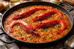Arroz con carabineros, un plato de mariscos vibrante y sabroso, con gambas rojas enteras sobre un lecho de arroz dorado.