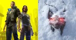 Dwie postacie z gry Cyberpunk 2077 od CD Projekt RED na tle żółtego miasta i mechaniczny wilk z czerwonymi oczami w śniegu.