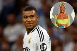 Kylian Mbappé w koszulce Realu Madryt i kobieta w limonkowym topie w okręgu.