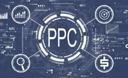 Grafika przedstawia schemat kampanii PPC z ikonami analizy, celu, lupy i dolara.