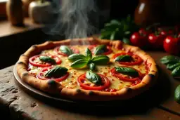 Gorąca pizza margherita z pomidorami i bazylią, parująca na drewnianym blacie. Idealne składniki na pizzę.