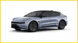 Niebieski samochód elektryczny Zeekr 001 z czarnym dachem i przyciemnianymi szybami, prezentujący nowoczesny design.
