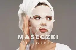 Kobieta z ręcznikiem na głowie stosuje maseczkę na niedoskonałości. Tekst: "MASECZKI DO TWARZY".