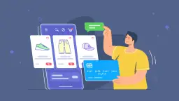 Mężczyzna z kartą płatniczą i telefonem z produktami do kupienia online.