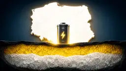 Bateria z symbolem błyskawicy na tle Polski, symbolizująca potencjał energetyczny kraju. Skala kurtyki ukazuje warstwy ziemi.