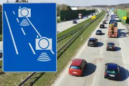 Znak informuje o odcinkowym pomiarze prędkości na A1. Uważaj na kamery!