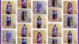 Kolaż zdjęć z różnymi napojami o smaku winogronowym, m.in. Fanta, Sunkist, Crush, Faygo, Poppi.