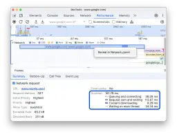 Narzędzia deweloperskie Chrome pokazują szczegóły żądania sieciowego dla www.google.com, w tym czas trwania i poszczególne etapy ładowania.