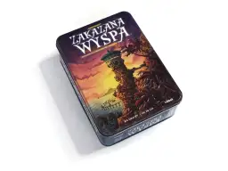 Metalowe pudełko gry planszowej "Zakazana Wyspa" z ilustracją wieży na klifie i palm.