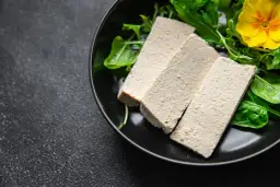 Trzy kawałki tofu na talerzu z zielonymi liśćmi i żółtym kwiatkiem. Czy tofu to nabiał? To pytanie często zadawane przez osoby na diecie roślinnej.