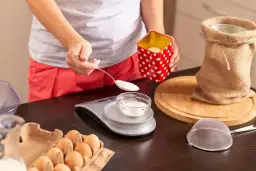 Osoba odmierzająca cukier łyżką na wagę kuchenną, obok jajka i mąka w worku.