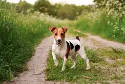 Szczeniak Jack Russell Terriera biegnie po ścieżce w trawie.