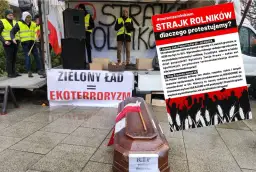 Protest rolników: trumna z polską flagą, transparent "Zielony Ład = Ekoteroryzm" i hasła o strajku.