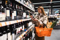 Kobieta wybiera wino w sklepie. To przykład tego, czym jest retail – sprzedaż detaliczna produktów.