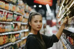 Młoda kobieta w sklepie zastanawia się, co warto kupić w Niemczech, przeglądając półki z produktami.