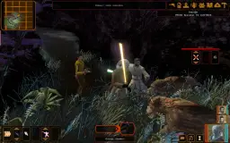 Star Wars Knights of the Old Republic spolszczenie: Jedi walczą z bestiami w mrocznym lesie. Na ekranie widać menu gry i minimapę.
