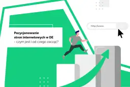 Grafika ilustruje pozycjonowanie stron internetowych w Niemczech. Mężczyzna skacze po schodkach, symbolizując rozwój i osiąganie celów.