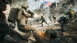 Żołnierze w kamuflażu walczą na **battlefield 7**, strzelając z broni, płonie ogień, a amerykańska flaga powiewa na wietrze.