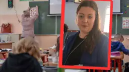 Nauczycielka pomaga uczniom z problemami z matematyką. W tle widać dzieci siedzące w ławkach.