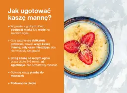 Jak zrobic kasze manna: podgrzej mleko, wsyp kaszę, mieszaj, gotuj 3-5 min. Podawaj na ciepło z truskawkami.