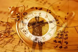 Zegar kieszonkowy na tle wykresów astrologicznych. 25 października znak zodiaku to Skorpion, symbolizujący tajemnicę i transformację.