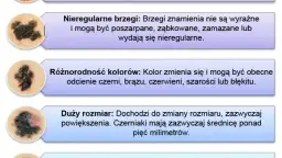 Zdjęcie przedstawia trzy znamiona skórne o nieregularnych brzegach, różnorodnych kolorach i dużych rozmiarach.