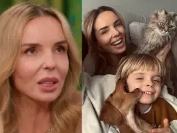 Agnieszka Włodarczyk z dziećmi i kotem. Uśmiechnięta mama, synek i zwierzęta w domowym zaciszu.