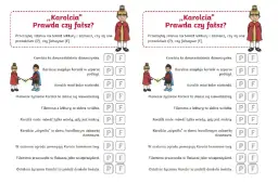 Test wiedzy o lekturze "Karolcia". Zadanie polega na zaznaczeniu, czy zdania o przygodach Karolci są prawdziwe (P) czy fałszywe (F).