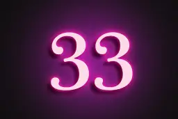 Jasne, oto opis:

Jasnoróżowe cyfry 33 z neonowym obramowaniem na ciemnofioletowym tle. Numerologia 33 to liczba mistrzowska.