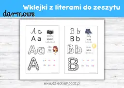 Darmowe wklejki do zeszytu litery do druku: Aa z aparatem i Ala, Bb z butami i balonem.