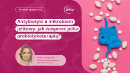Model jelit z plasteliny otoczony tabletkami, na tle różowym i różowych bakterii.