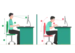 Prawidłowa ergonomia biurko: siedzenie prosto, wzrok na monitorze. Złe nawyki: garbienie się, oczy za nisko.
