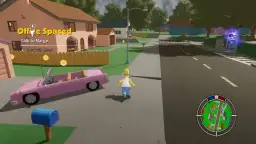 Homer Simpson biegnie do swojego różowego kabrioletu w grze Simpsons Hit & Run. Na ekranie widoczna jest misja "Office Spaced" i cel "Talk to Marge".